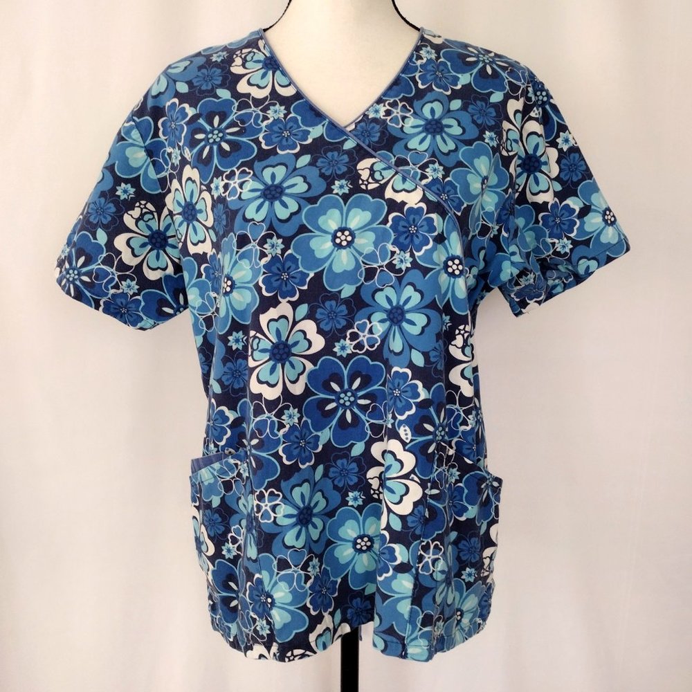 Comfy Cotton Blue Floral Drawstring Waist Scrub Top